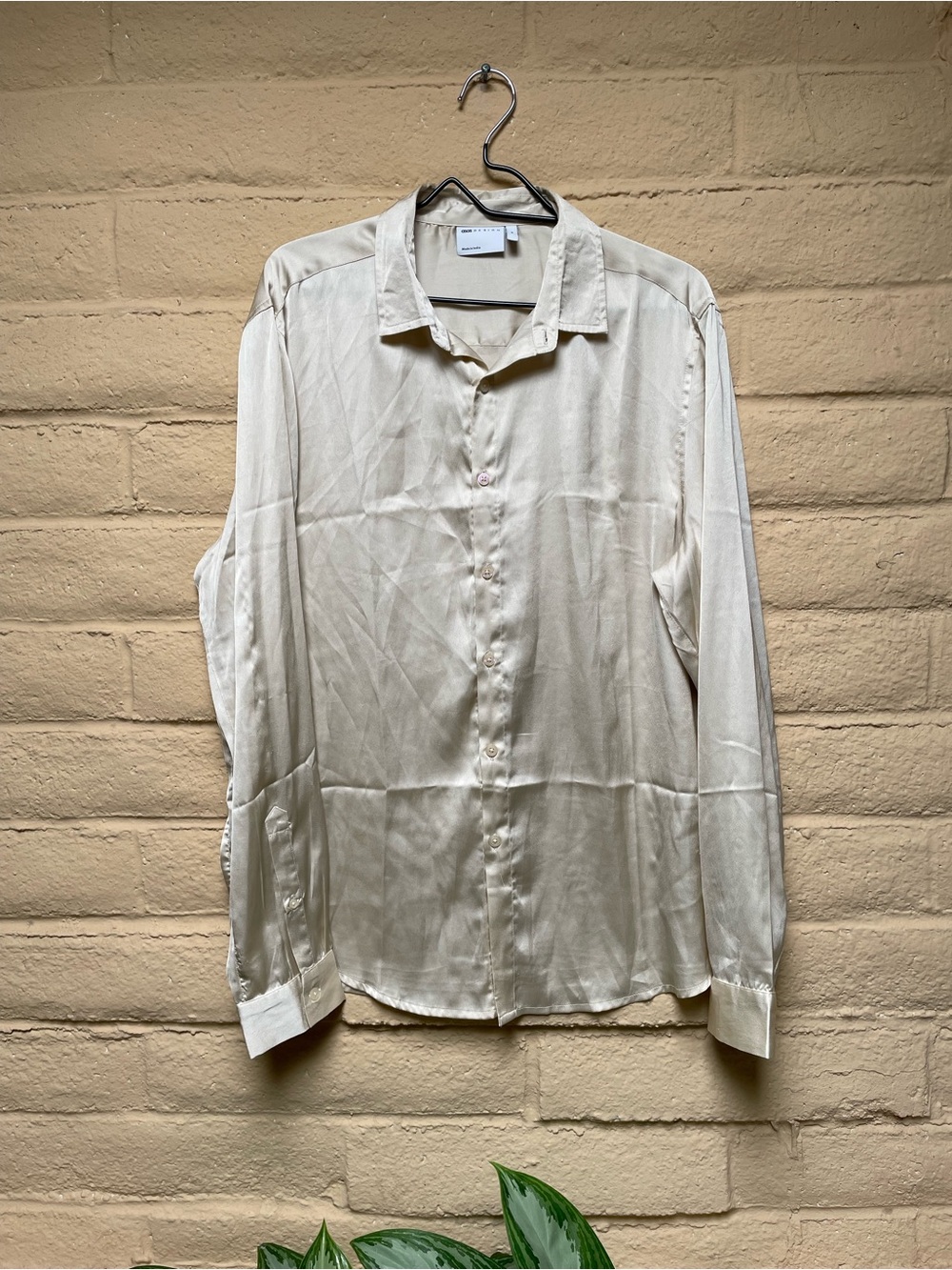 Men's Satin Lightweight Cream Button-Down Dress Shirt